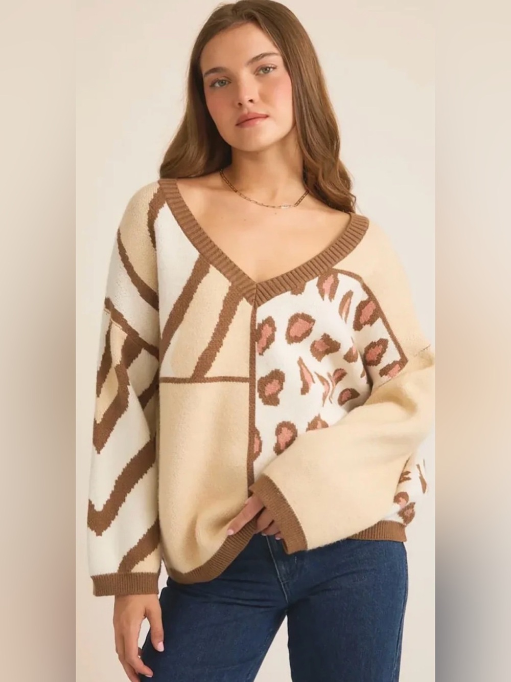 GILLI Animal Print Colorblock Oversized V Neck Sweater NWT S M L